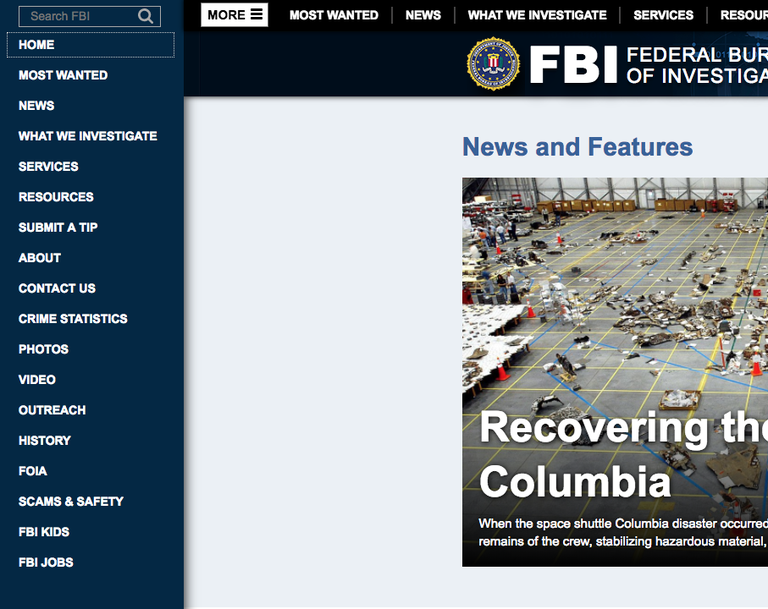 FBI website navigation