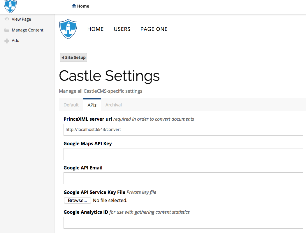 castle settings screen capture