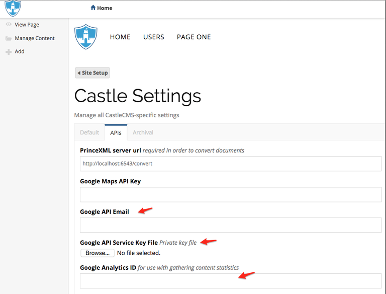 Castle API setting screen capture