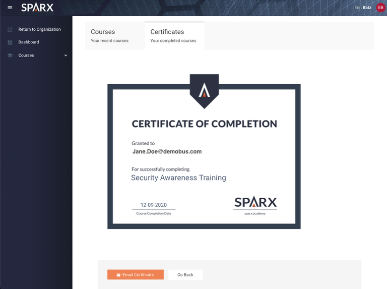 Sparx Certificate Screenshot 1