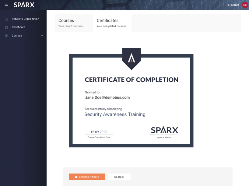Sparx Certificate Screenshot 1