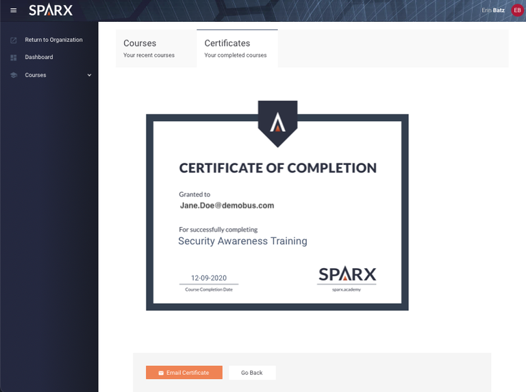 Sparx Certificate Screenshot 7/23/21